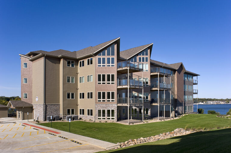 Bayside Condos exterior waterfront - multifamily housing design, Arnold's Park Iowa