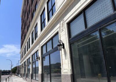 Benson Building entrance exterior - adaptive reuse design, Iowa