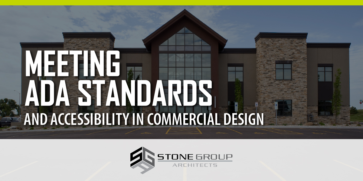 Modern commercial building with accessible parking and wide entryways, illustrating ADA-compliant design principles by Stone Group Architects