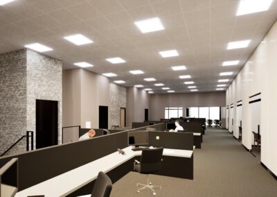 Rendering of Modern distribution center and corporate office employee cubicles