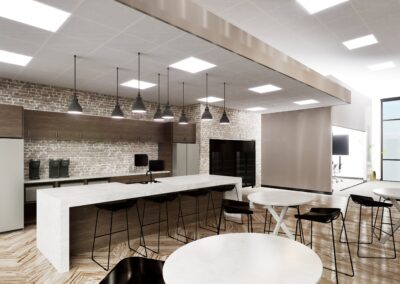 Rendering of Modern distribution center and corporate office employee kitchen