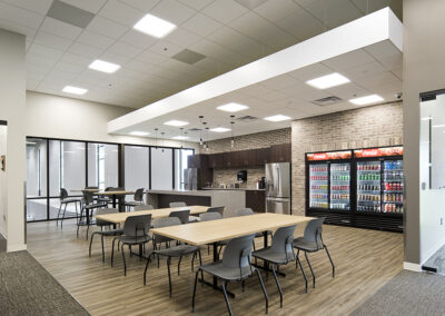 Modern distribution center and corporate office employee lounge and kitchen