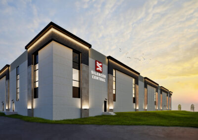 rendering of Modern distribution center exterior with exterior lighting at dusk